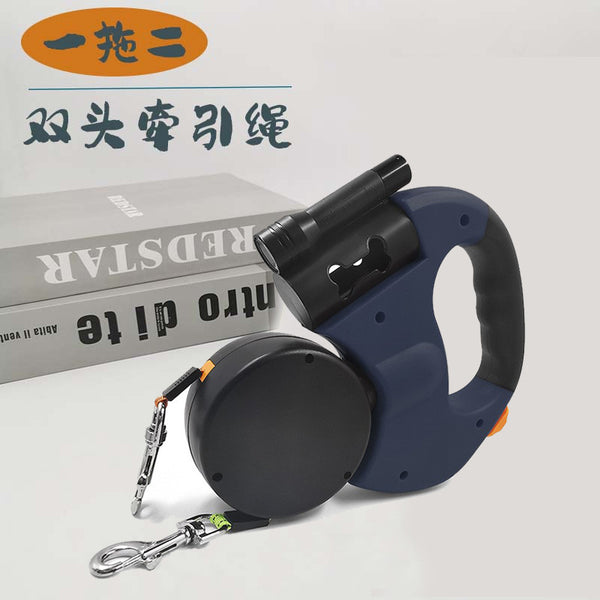 Double-headed Traction Rope Pet Dog Traction Device One Drag Two Automatic Retractable Reflective Belt Lamp Dog Walking Rope Anti-lost