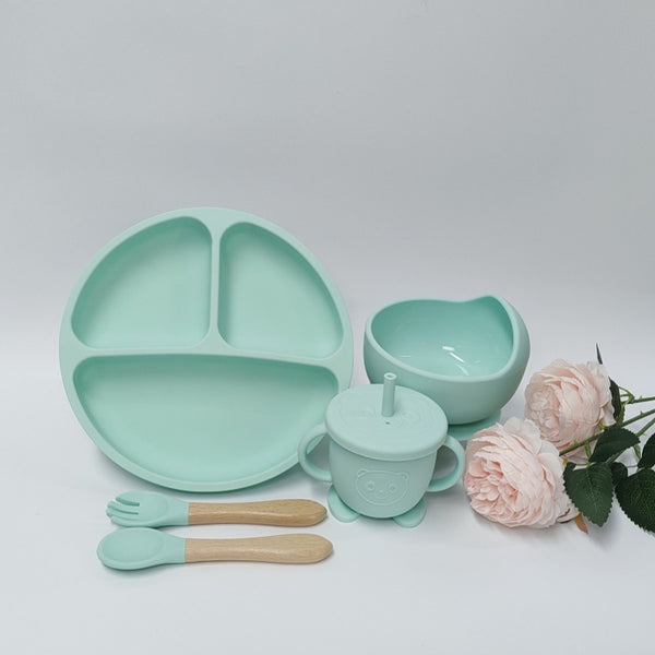 Children's Split Dinner Plate Cute Eating Anti-fall Bowl Silicone Cartoon Tableware Bowl Plate Spoon 5 Pieces Suit