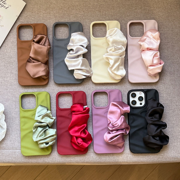 IPhone cover with Solid Color Stretch Pleated Silk Scarf Wristband For IPhone17 Apple 16Pro Max Phone Case 13/14 Soft Case