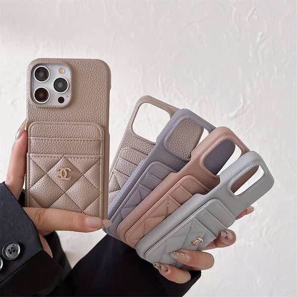 Litchi Pattern Suitable For Apple Ip16 Phone Case Card Rhomboid IPhone17promax Half Pack Hard Shell