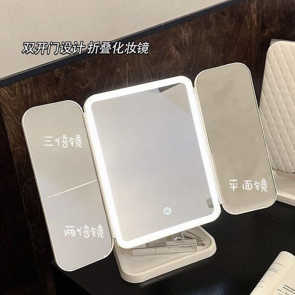 مرآة مكياج LED لسطح المكتب لغرفة النوم مع مصباح للمبيت قيمة ألوان عالية ثلاثة قابلة للطي يمكنها فقط ملء الضوء مرآة خلع الملابس