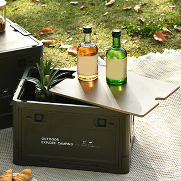 Collapsible Storage Bin with Wooden Lid Portable Storage Container Large Capacity Side Open Home Outdoor Store Camping Items
