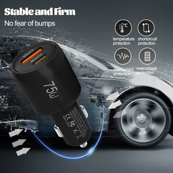 75W Car Charger Adapter, USB C Car Charger QC&PD Dual Port Fast Charging for iPhone 16 15 14 13 12 11 Pro Max, for Samsung and More Phones